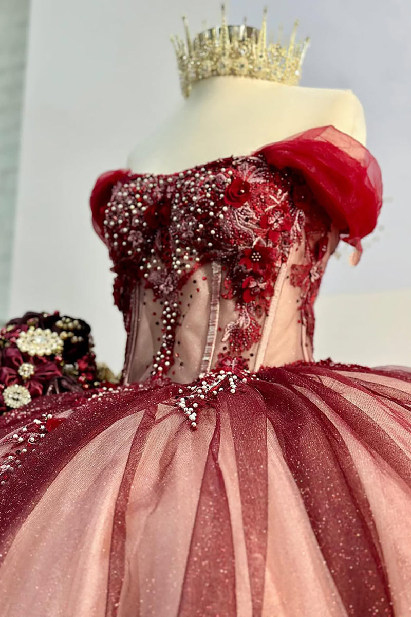 Load image into Gallery viewer, Off the Shoulder Sparkly Red Appliques Beaded Tulle Ball Gown with Bow