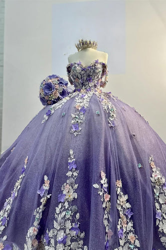 Glitter Purple Flowers Appliques Off the Shoulder Tulle Ball Gown with Beaded