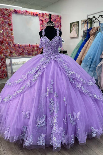 Ruffles Purple Cold Shoulder Appliques Tulle Long Ball Gown