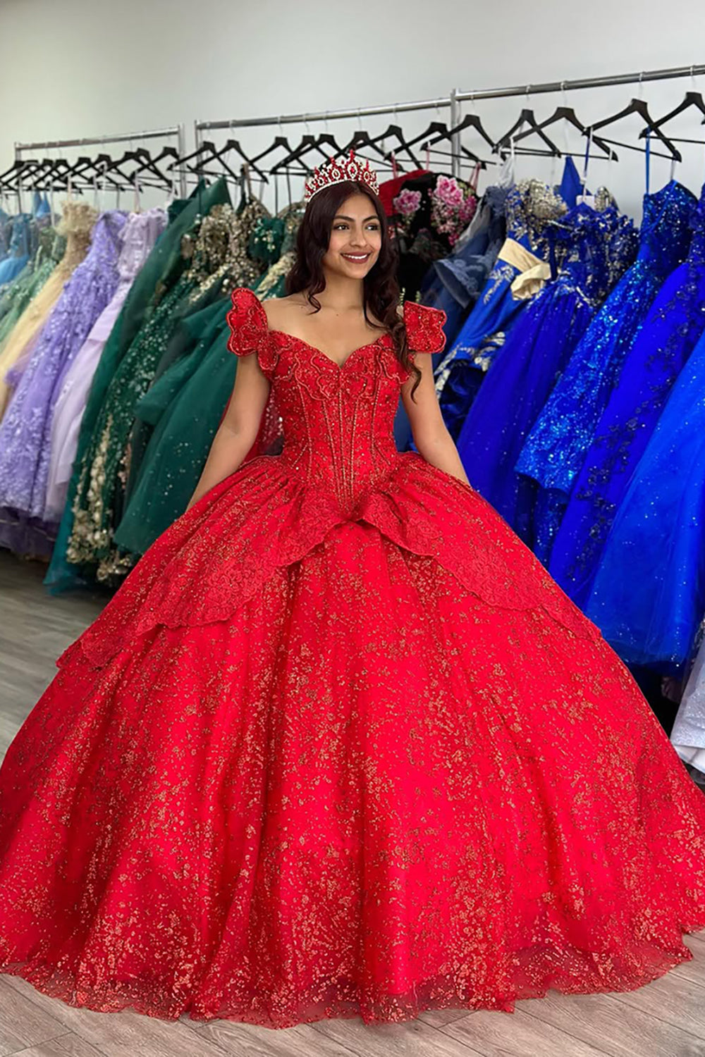 Sparkly Red Corset Ruffles V Neck Tulle Long Ball Gown with Beaded