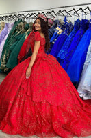 Load image into Gallery viewer, Sparkly Red Corset Ruffles V Neck Tulle Long Ball Gown with Beaded