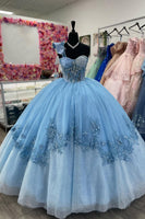 Load image into Gallery viewer, Strapless Glitter Appliques Blue Tulle Corset Long Ball Gown