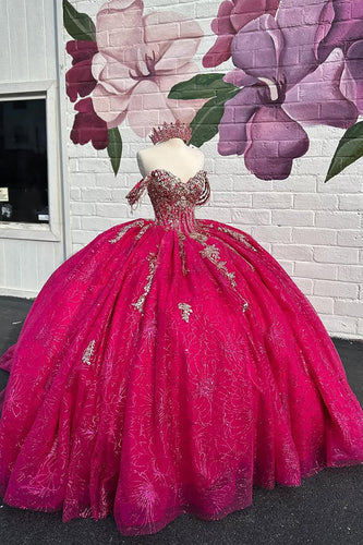 Sparkly Fuchsia Off the Shoulder Ruffles Tulle Corset Quinceanera Dress with Sequins