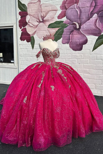 Sparkly Fuchsia Off the Shoulder Ruffles Tulle Corset Quinceanera Dress with Sequins
