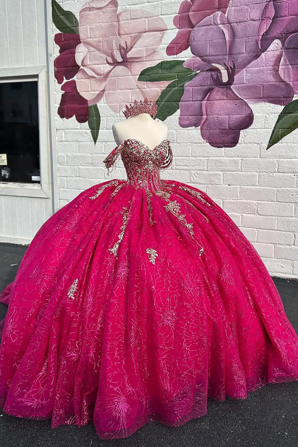 Sparkly Fuchsia Off the Shoulder Ruffles Tulle Corset Quinceanera Dress with Sequins