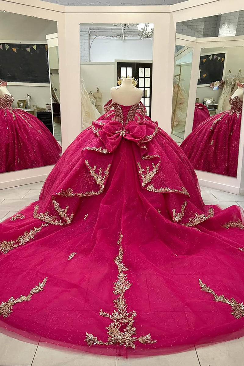 Load image into Gallery viewer, Sparkly Fuchsia Off the Shoulder Ruffles Tulle Corset Quinceanera Dress with Sequins