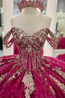 Load image into Gallery viewer, Sparkly Fuchsia Off the Shoulder Ruffles Tulle Corset Quinceanera Dress with Sequins