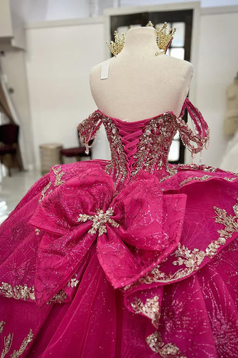 Sparkly Fuchsia Off the Shoulder Ruffles Tulle Corset Quinceanera Dress with Sequins