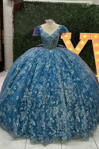 Sparkly Grey Blue V Neck Beaded Appliques Tulle Quinceanera Dress with Bow