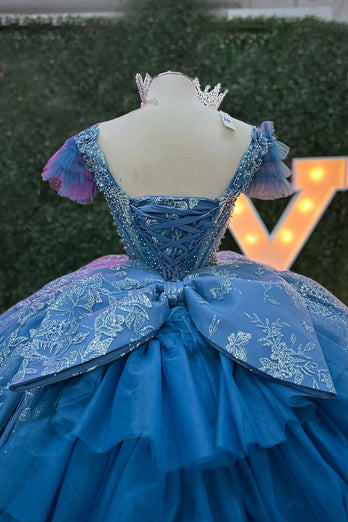 Sparkly Grey Blue V Neck Beaded Appliques Tulle Quinceanera Dress with Bow