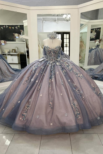 Sparkly Grey Blue Purple Off the Shoulder Sequined Appliques Beaded Tulle Quinceanera Dress with Bow