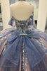 Load image into Gallery viewer, Sparkly Grey Blue Purple Off the Shoulder Sequined Appliques Beaded Tulle Quinceanera Dress with Bow