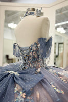 Load image into Gallery viewer, Sparkly Grey Blue Purple Off the Shoulder Sequined Appliques Beaded Tulle Quinceanera Dress with Bow