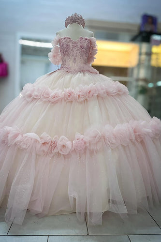 Pink Off the Shoulder Floral Appliques Corset Tulle Long Quinceanera Dress