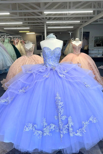 Sparkly Blue Strapless Ruffles Beaded Quinceanera Dress with Appliques