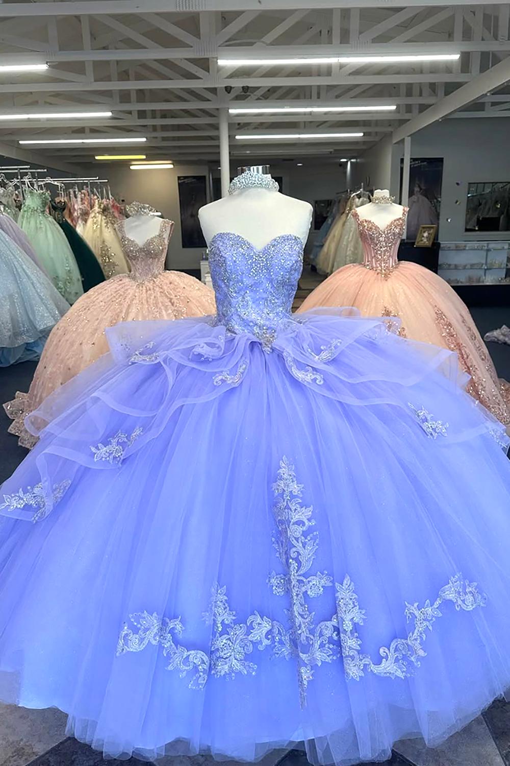 Sparkly Blue Strapless Ruffles Beaded Quinceanera Dress with Appliques