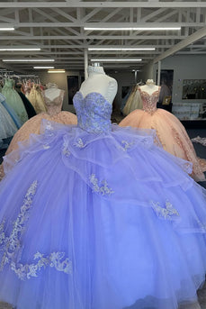Sparkly Blue Strapless Ruffles Beaded Quinceanera Dress with Appliques