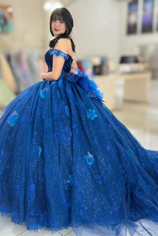 Navy Off the Shoulder Corset Flowers Tulle Quinceanera Dress with Appliques