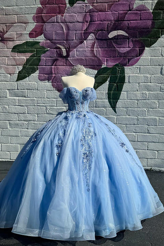 Sparkly Blue Corset Off the Shoulder Beaded Appliques Quinceanera Dress with Bow