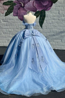 Sparkly Blue Corset Off the Shoulder Beaded Appliques Quinceanera Dress with Bow