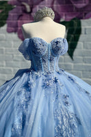 Load image into Gallery viewer, Sparkly Blue Corset Off the Shoulder Beaded Appliques Quinceanera Dress with Bow
