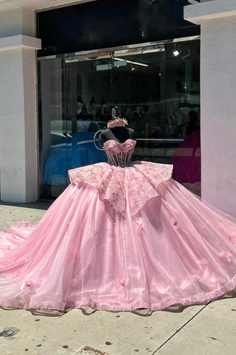 Pink Floral Appliques Strapless Ruffles Corset Long Quinceanera Dress