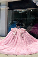 Load image into Gallery viewer, Pink Floral Appliques Strapless Ruffles Corset Long Quinceanera Dress