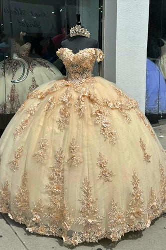 Champagne Sparkly Off the Shoulder Sequins Appliques Tulle Quinceanera Dress with Ruffles
