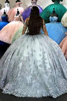 Silver Grey Off the Shoulder Tassels Appliques Long Ball Gown