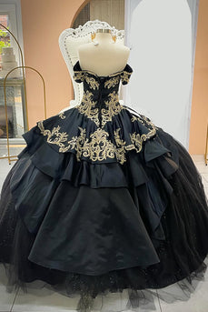 Glitter Black Gold Off the Shoulder Appliques Tulle Long Quinceanera Dress