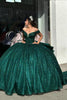 Load image into Gallery viewer, Sparkly Dark Green Corset Off the Shoulder Beaded Ruffles Long Ball Gown