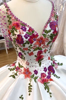 Load image into Gallery viewer, White Red Flower Embroidery V Neck Beaded Quinceanera Dress with Tassels