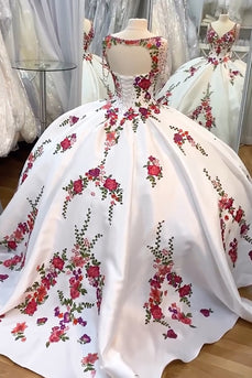 White Red Flower Embroidery V Neck Beaded Quinceanera Dress with Tassels