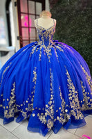 Load image into Gallery viewer, Royal Blue Spaghetti Straps Tulle Long Quinceanera Dress with Golden Appliques