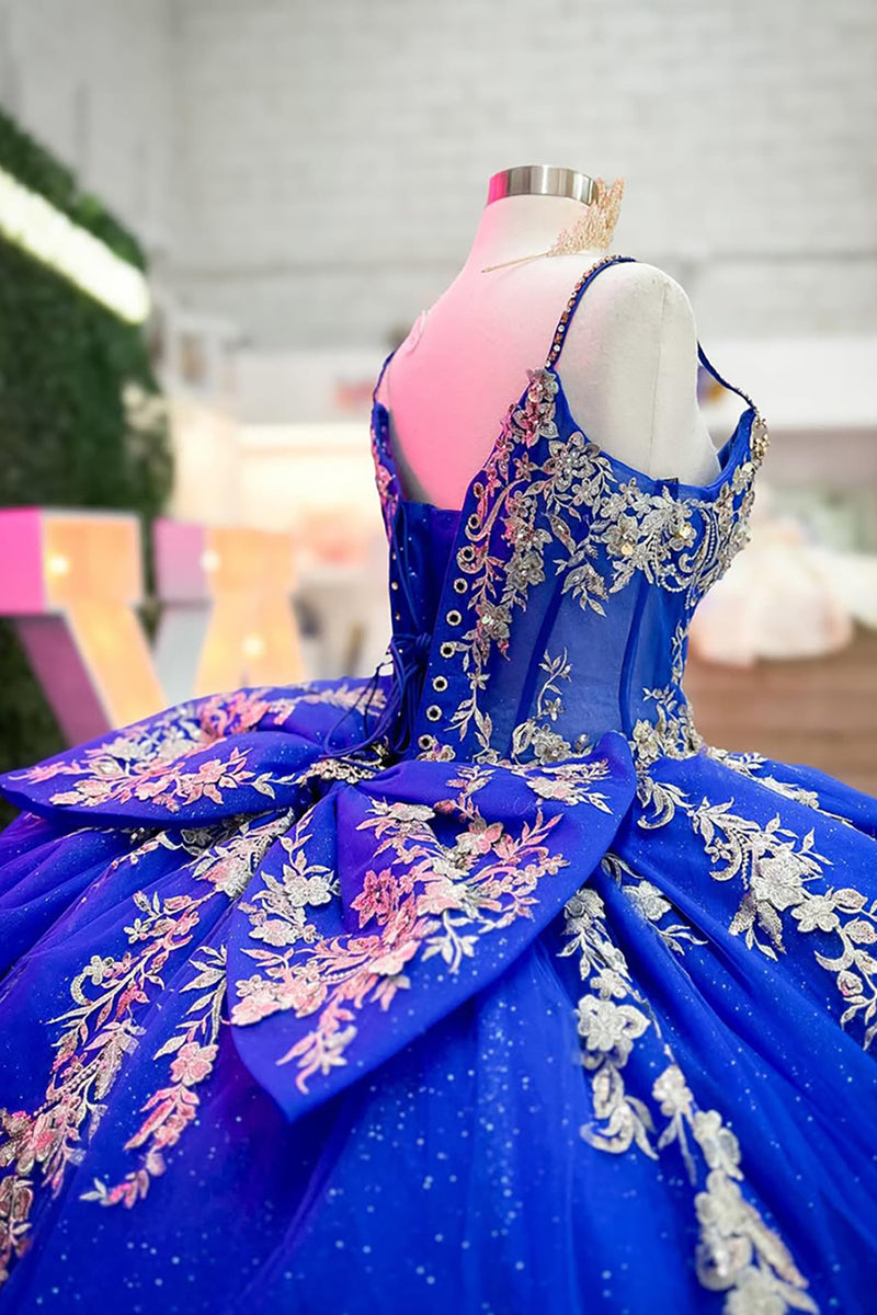 Load image into Gallery viewer, Royal Blue Spaghetti Straps Tulle Long Quinceanera Dress with Golden Appliques