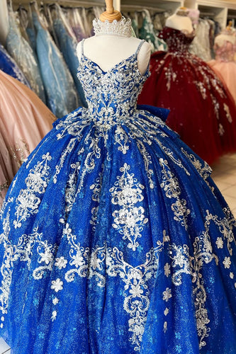 Sparkly Royal Blue Appliques Spaghetti Straps Sequins Quinceanera Dress with Bow