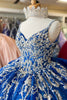 Load image into Gallery viewer, Sparkly Royal Blue Appliques Spaghetti Straps Sequins Quinceanera Dress with Bow