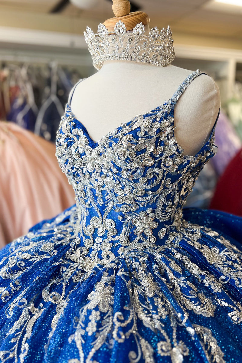 Load image into Gallery viewer, Sparkly Royal Blue Appliques Spaghetti Straps Sequins Quinceanera Dress with Bow