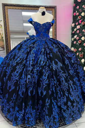 Off The Shoulder Sparkly Royal Blue Beaded Appliques Quinceanera Dress