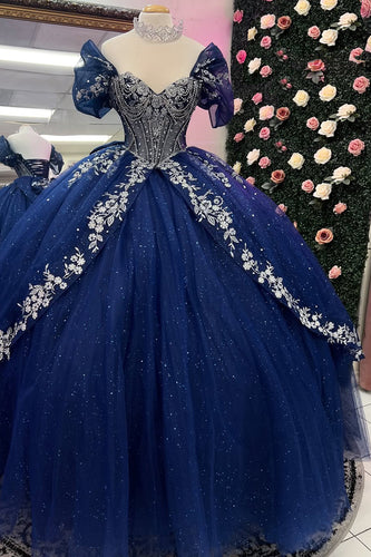 Sparkly Navy Off The Shoulder Beaded Appliques Long Quinceanera Dress with Bow
