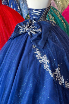 Sparkly Navy Off The Shoulder Beaded Appliques Long Quinceanera Dress with Bow