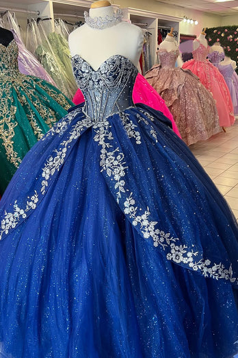 Sparkly Navy Off The Shoulder Beaded Appliques Long Quinceanera Dress with Bow
