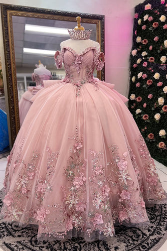 Pink Off The Shoulder Appliques Corset Tulle Quinceanera Dress with Beaded