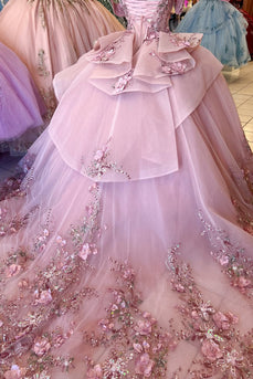 Pink Off The Shoulder Appliques Corset Tulle Quinceanera Dress with Beaded