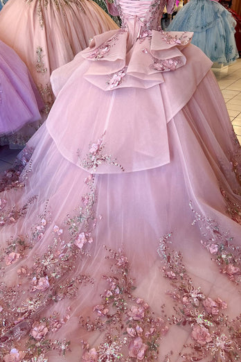 Pink Off The Shoulder Appliques Corset Tulle Quinceanera Dress with Beaded