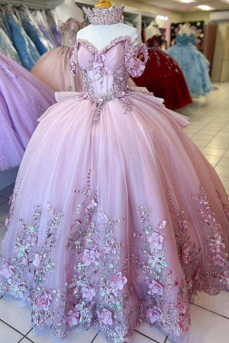 Load image into Gallery viewer, Pink Off The Shoulder Appliques Corset Tulle Quinceanera Dress with Beaded
