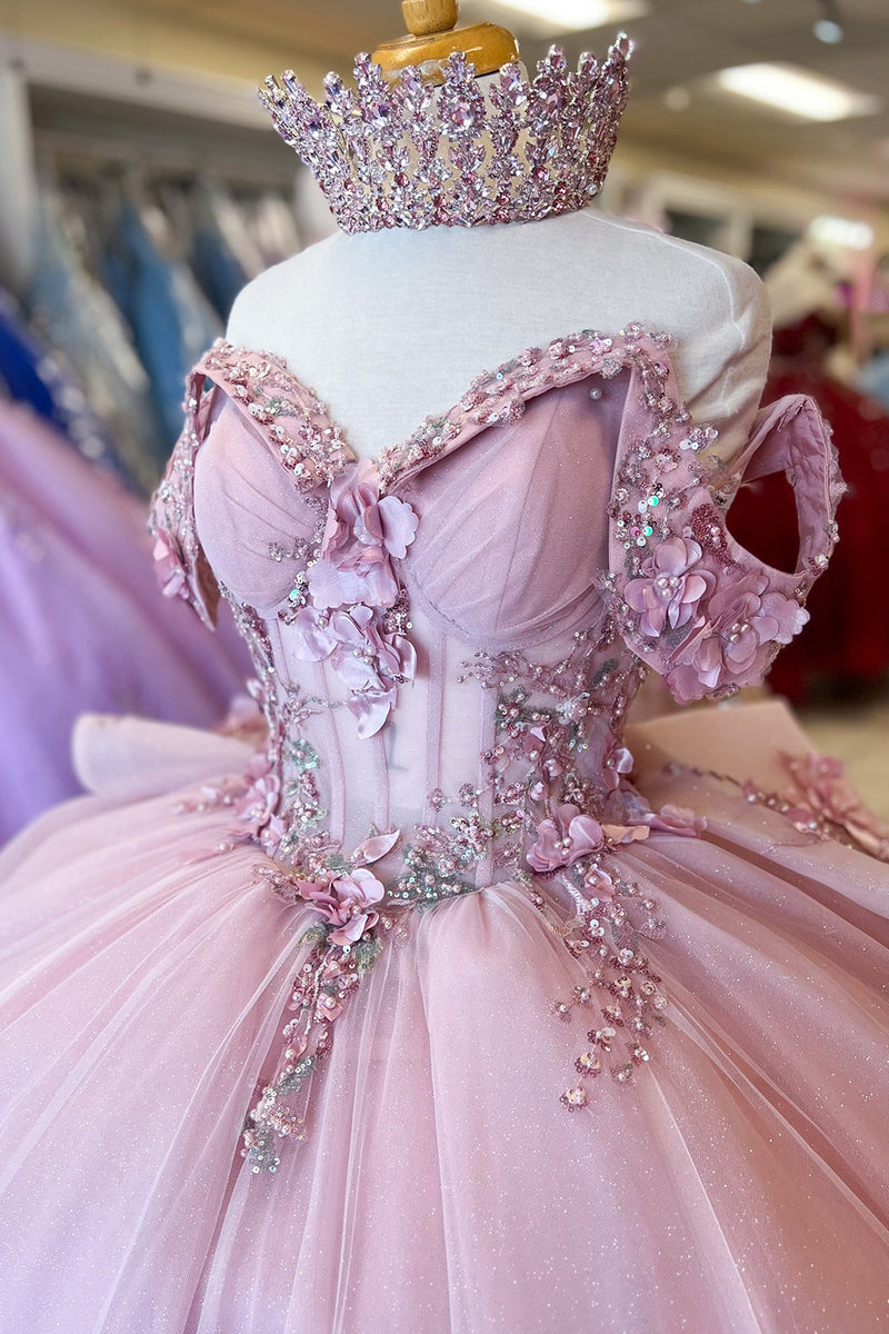 Load image into Gallery viewer, Pink Off The Shoulder Appliques Corset Tulle Quinceanera Dress with Beaded