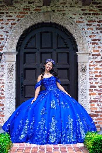Sparkly Royal Blue Off The Shoulder Sequins Long Quinceanera Dress with Bow