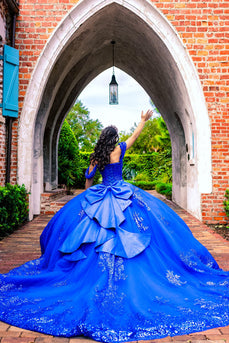 Sparkly Royal Blue Off The Shoulder Sequins Long Quinceanera Dress with Bow