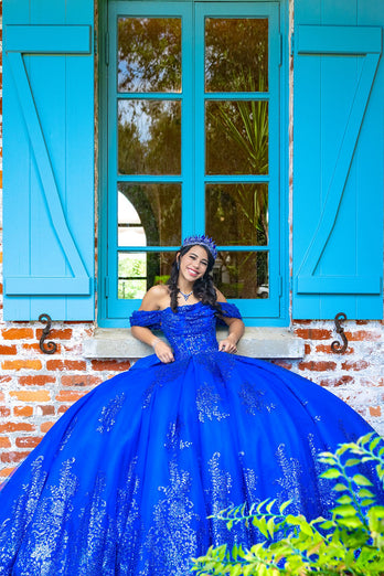 Sparkly Royal Blue Off The Shoulder Sequins Long Quinceanera Dress with Bow